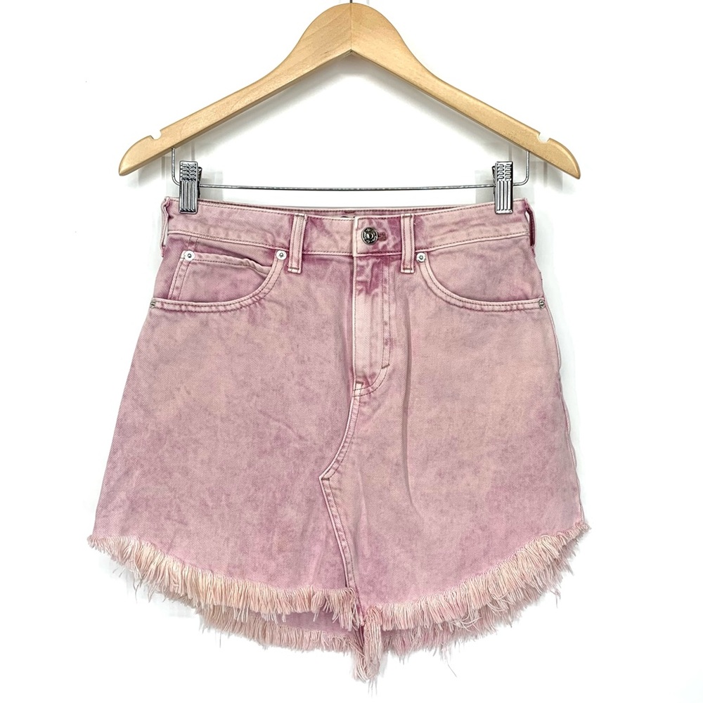 Free People Acid Wash Denim Fringe Hem Jean Mini Skirt Purple Pink Tone Cotton